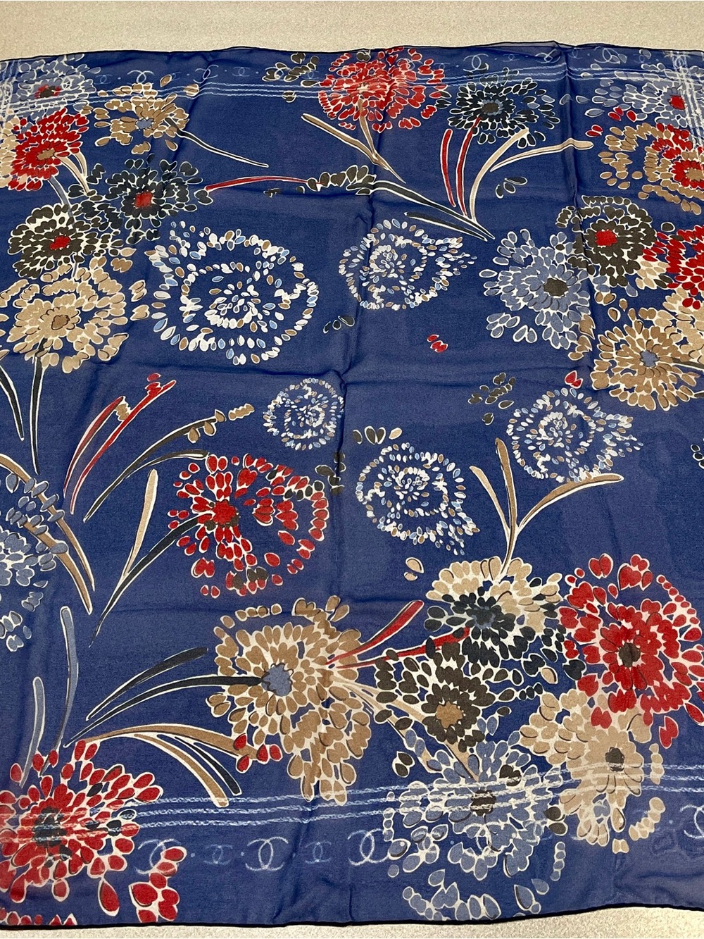CHANEL Silk Floral Square Scarf Blue Logo Accent - New - Never Worn